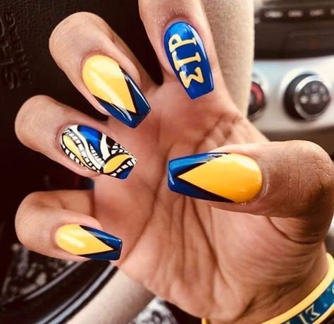 Sgrho Nails, Sorority Nails, Blue Gel Nails, Yellow Nail Art, Pretty Poodles, Divine 9, Sigma Gamma Rho, Inspired Nails, French Acrylic Nails