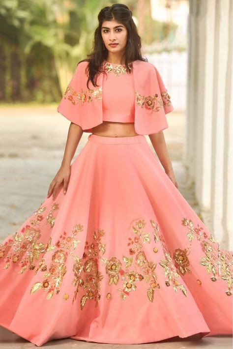 The Stylish And Elegant Lehenga Choli In Peach Colour Looks Stunning And Gorgeous With Trendy And Fashionable Raw Silk Fabric Looks Extremely Attractive And Can Add Charm To Any Occasion.... Patch Blouse Designs, Embroidery Designs For Lehenga, Shirt With Lehenga, Pink Lehenga Choli, Patch Blouse, Skirt And Crop Top, Wedding Lehenga Designs, Lehnga Dress, Gaun Fashion