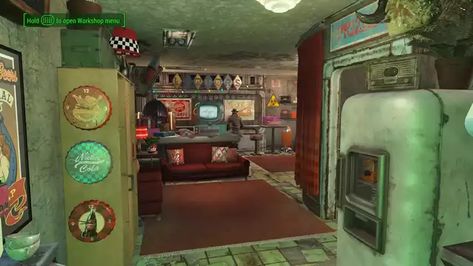 Fallout 4 Red Rocket Settlement, Fallout Kitchen, Fallout Decor, Hangout Area, Fallout Settlement, Fallout 4 Settlement Ideas, Red Rocket, Nuka Cola, Fallout 76