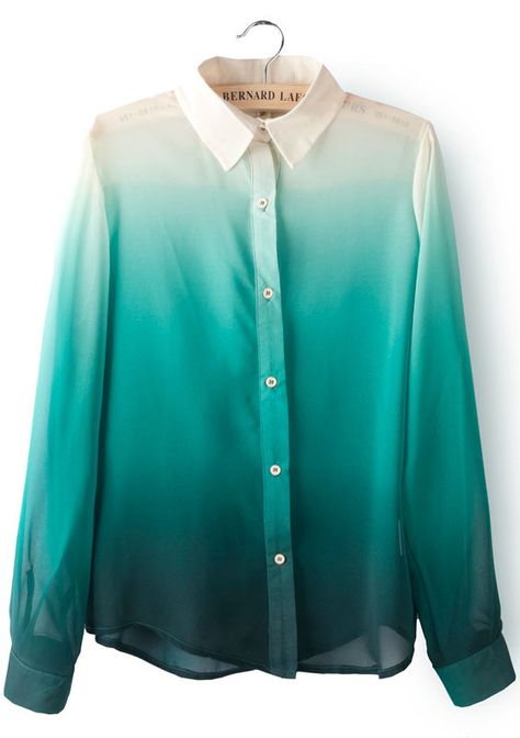 Green Gradients Lapel Long Sleeve Chiffon Blouse - Sheinside.com Chiffon Blouse, White Shirt, Chiffon, Long Sleeve, Green, White