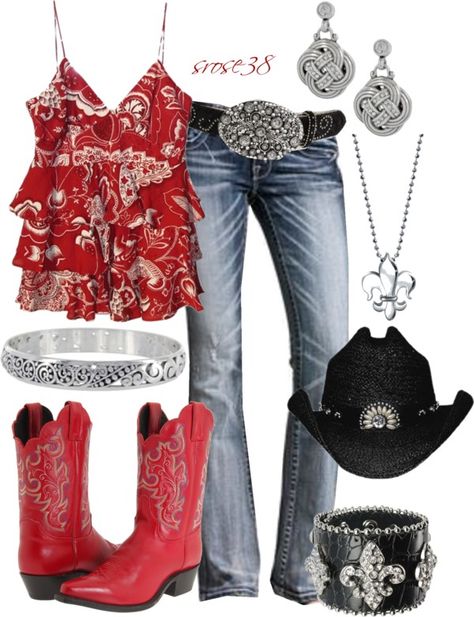 "Red Cowgirl Boots" by srose38 ❤ liked on Polyvore. super cute, not a big fan of the hat or boots but the rest is adorable. Annie Core, Mode Country, Red Cowgirl Boots, Estilo Cowgirl, Country Style Outfits, Cute Country Outfits, Estilo Country, Rodeo Outfits, Country Girls Outfits