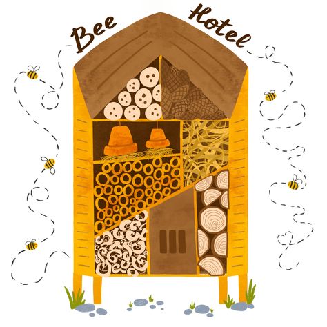 Bee hotel watercolor illustration with wood house with compartments, natural components and honey bees. Cute house for insect isolated element. Save the bees concept. Hand drawn garden poster, card. Bee House Drawing, Bee Hive Illustration, Bees Cute, Watercolor Procreate, Insect Clipart, Designer Drawing, Garden Poster, Bee Hotel, Bug Hotel