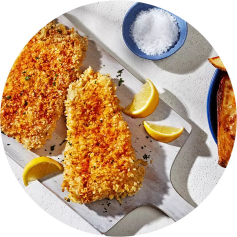 Potato Chip-Crusted Halibut and Chips - Choose Canadian Seafood Potato Chip Coated Fish, Halibut Baked, Crusted Halibut, Fish N Chips Recipe, Halibut Recipe, Haddock Recipes, Potato Chip Recipes, Halibut Fishing, Halibut Recipes