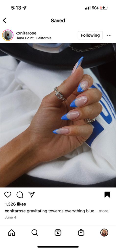 Electric Blue Tips Nails, Electric Blue French Tips, Summer Nails 2023 Blue, Electric Blue French Tip Nails, Electric Blue Nails Design, Electric Blue Nails, Almond Nails French Tip, Blue French Tip Nails, Nails August