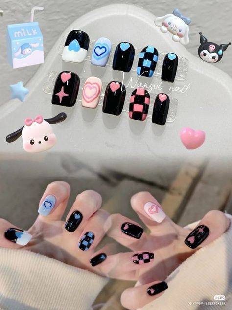 Kuromi Inspired Nails Simple, Kuromi Inspired Nails, Nanami Nails, Nail Art Simple Elegant, Blackpink Nails, Kutek Disney, Unghie Nail Art, Fake Nails Designs, Asian Nails