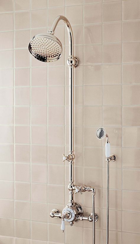 Vintage Shower System, Waterworks Faucet Bathroom, Vintage Shower Fixtures, Chrome Shower System, Polished Nickel Shower Fixtures, Small Bathrooms Decor, English Bathroom Design, Toilet Paper Organization, Shower Faucet Ideas