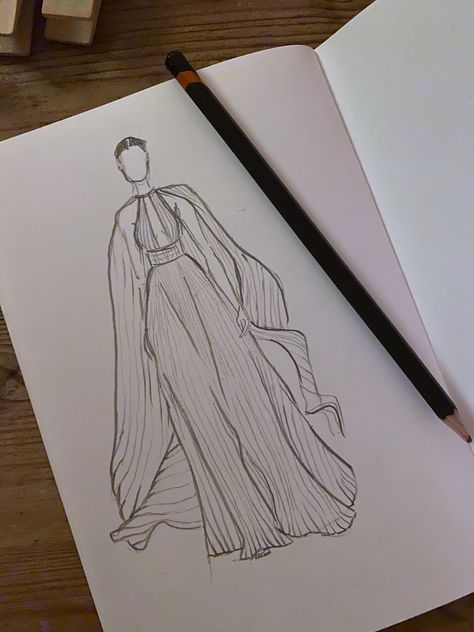 My Pencil drawing of Murad’s 2020 pleated couture gown Pleats Illustration Fashion Design, Fashion Illustration Pleats, How To Draw Pleats, Pleated Skirt Sketch, Gown Sketches Design, Croquis Fashion, Gown Drawing, Hidden Art, Fashion Illustration Tutorial