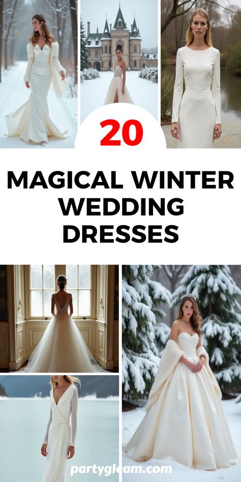 Planning a winter wedding? Check out these 20 magical winter wedding dress ideas that will have you looking like a snow princess. From long-sleeve crepe wrap dresses to stunning satin mermaid gowns with elegant shawls, there’s something for every bride’s style. Get inspired by silk and tulle gowns featuring stylish slits, simple and classic designs, and vintage-inspired ball gowns. Your perfect winter wedding dress awaits, allowing you to shine bright on your special day amidst the✨ snowy atmosphere. Winter Romantic Wedding Dress, Medieval Winter Wedding Dress, Canadian Wedding Dresses, Christmas Wedding Dresses Bride, Winter Bridal Dress, Boho Winter Wedding Dress, Elegant Winter Wedding Dress, Wedding Dress With Fur, Winter Wedding Dress Ideas