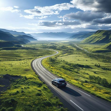 Car rides on a highway road in nature with mountains and forests in summer on journey. Landscape with a view from above royalty free stock photograp Highway Landscape, Car Landscape, City Reference, Car On Road, Car On The Road, Beautiful Adventure, Side Road, View From Above, Road Adventure