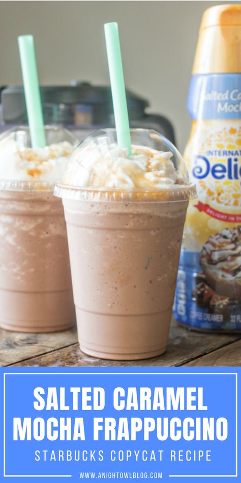 This homemade Salted Caramel Mocha Frappuccino tastes like the REAL THING and is a fraction of the cost. Make your favorite coffeehouse drinks at home! #Starbucks #Copycat #Coffee #Recipe Salted Caramel Mocha Frappuccino, Frozen Coffee Drinks, Café Starbucks, Homemade Salted Caramel, Homemade Frappuccino, Frappe Recipe, Salted Caramel Mocha, Caramel Frappuccino, Mocha Frappuccino