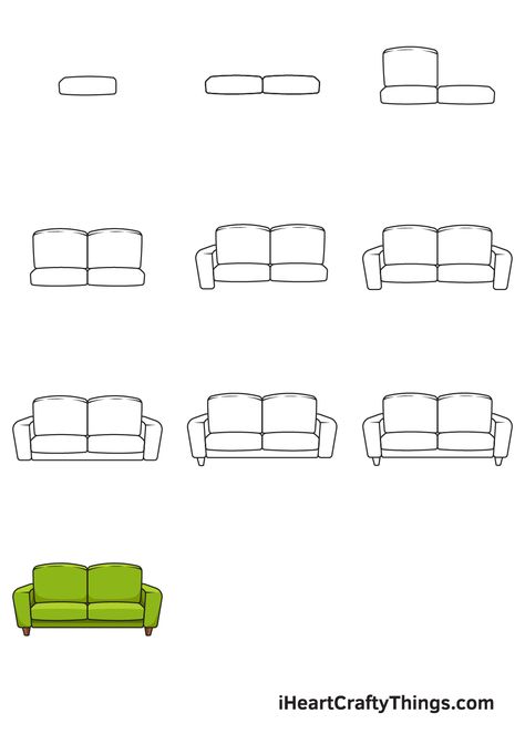 Couch Sketch Design, How To Draw Sofa Step By Step, Couch Line Drawing, How To Draw A Couch Step By Step, How To Draw A Living Room, Couch Drawing Easy, Sofa Drawing Easy, Drawing Of A Couch, Couches Drawing