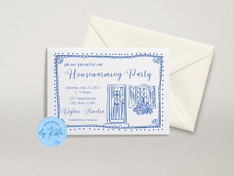 Housewarming Party Digital Invitation Template: - 7x5 landscape invitation digital template, editable via Canva - Hand drawn artwork customizable for baby showers, birthday parties, bridal showers, weddings, dinner parties, and more! How it works: 1. After purchase, download the PDF from the "purchases and reviews" section of your Etsy 2. Follow the link in the PDF to add the template to your Canva account 3. Edit colors, fonts, and details--every element of the template is customizable! 4. Prin Housewarming Party Invite, Cottagecore Invitation, Blue Dinner Party, Landscape Invitation, Whimsical Birthday Party, Whimsical Birthday, Housewarming Party Invitations, Dinner Party Invitations, Invite Template