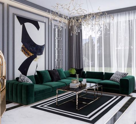 And that art to top it all! 🖤 . . . @leyla_interiors  #art #interiors #interiordesign #architecture #interiorinspo #interiorinspiration… Green Couches, Emerald Green Living Room, بيتي فور, Green Living Room Decor, Chic Living Room Decor, Gold Living, Gold Living Room, Gold Bedroom, Green Furniture