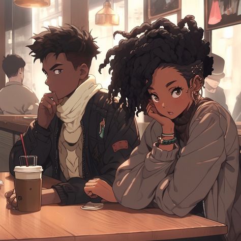 Black Anime Couple Aesthetic, Afro Anime Art, Black Anime Couple, Coffee Shop Vibes, Afrofuturism Art, Black Anime Guy, Black Couple Art, Drawing People Faces, Black Cartoon Characters