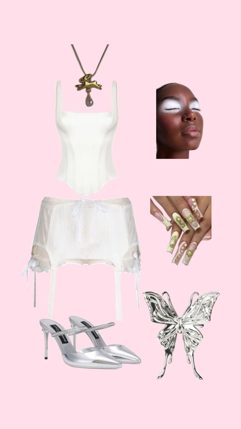 White outfit, corset top, white corset, white eyeshadow, silver shoes, silver bag, trending outfit Eyeshadow Silver, All White Outfits, Outfit Corset, White Eyeshadow, Silver Bag, Shoes Silver, Silver Bags, All White Outfit, White Corset