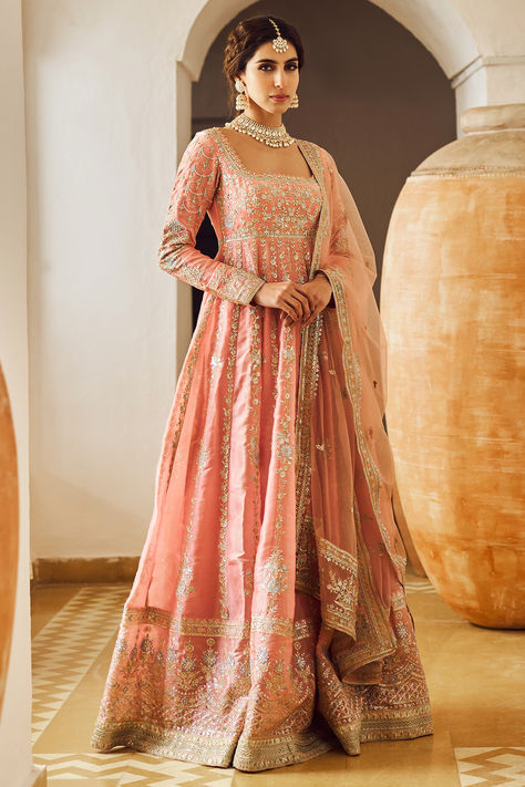 Dusty Peach Anarkali Set that captivates with its elegance. The eye-catching anarkali is crafted in organza with threadwork, zari, and sequins hand embroidery. It is paired with shantoon pants and a net dupatta. Perfect wear for Eid.  #Perniaspopupshop #womenswear #ethnic #whatiworewastrending #ppuslove #anarkaliset #Shantoon #organza #handwork #sequins #threadwork #weddingwear #festivewear #eid Wedding Anarkali Dress, Peach Anarkali, Dupatta Embroidery, Anarkali With Dupatta, Indian Suits For Women, White Anarkali, Pink Anarkali, Dusty Peach, Organza Embroidery