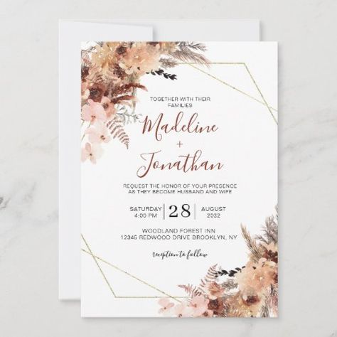 $ 2.92 | Autumn Boho Terracotta Floral Geometry Wedding - rustic terracotta floral watercolor, autumn bohemian wedding, elegant pampas wedding invitation, fall backyard wedding invite, botanical peach orange pampas, watercolor flowers, dried florals, earth tones rustic bloom, gold frame geometry, elegant script calligraphy Pampas Wedding Invitation, Christian Wedding Invitation Wording, Wedding Invitation Card Wording, Fall Backyard Wedding, Christian Wedding Invitation, Christian Wedding Cards, Wedding Invitation Wording Examples, Pampas Wedding, Christian Wedding Invitations