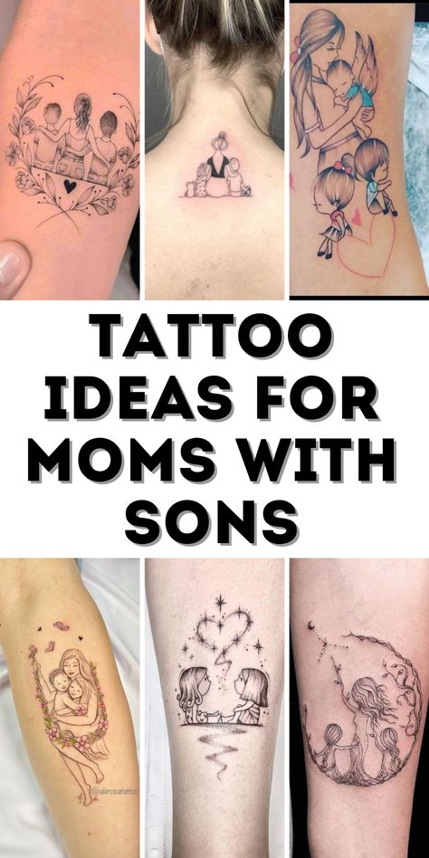 Explore unique and heartfelt tattoo designs that celebrate the unbreakable bond between mothers and their sons, featuring simple yet meaningful symbols. Unique Mom Tattoo Designs For Son, My Son Tattoo Ideas, Small Tattoo Ideas For Moms, Tattoos For My Kids, Motherhood Tattoos 2 Kids, Mom And Son Tattoo Ideas Simple, 3 Children Tattoos For Moms, Boy Mom Tattoo, Kid Tattoos For Moms