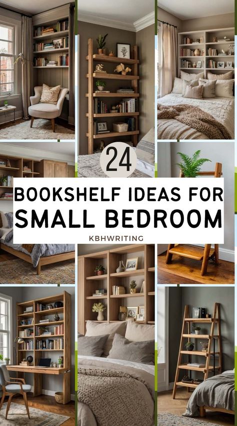 23 Multipurpose Bookshelf Ideas For Small Bedroom Floor Book Shelf Ideas, Bookshelf Design In Bedroom, Tall Shelf Bedroom, Bookshelf Surrounding Bed, Bookshelf Bed Ideas, Book Shelf For Small Bedrooms, Wall Shelving For Books, Cute Book Display Bedroom, Open Shelving Bookcase