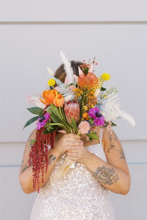 Brunch Wedding with Disco Balls, DIY Décor & References to Their Favourite Books, Movies & TV Shows · Rock n Roll Bride Ball Bouquet, High School Dance, Wedding Brunch, Rock N Roll Bride, School Dance, Brunch Wedding, Disco Balls, Bride Makeup, Flowers Online