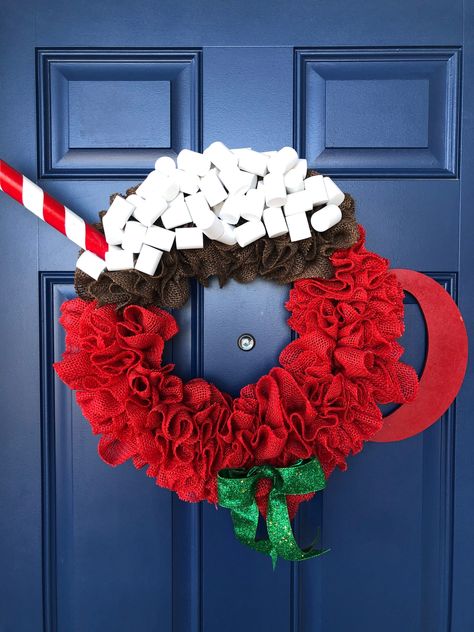 Holiday Front Door Decor, Chocolate With Marshmallows, Holiday Front Door, January Decorations, Burlap Mesh Wreath, Wreath Boxes, Burlap Christmas Wreath, Peppermint Sticks, Chocolate Delight