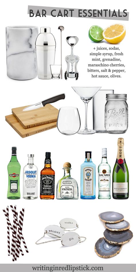 Bar Cart Essentials | Everything You Need For Your Home Bar Bar Cart Essentials, Home Bar Essentials, Bandeja Bar, Gold Bar Cart, Bar Cart Styling, Cart Decor, Bar Essentials, Cocktail Sauce, Bar Cart Decor