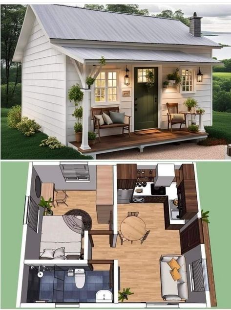 Tiny Guest House Ideas, Shed Homes Ideas Small Houses, Tiny Home One Level, Tiny Home Porch Ideas, Small Adu Layout, Small Adu, One Bedroom Tiny House With Loft House Plans, Small Guest House, 1 Bedroom Adu Plans