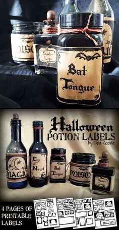 Printable Halloween Potion and Witch's Brew Labels - designed by Jen Goode Diy Apothecary Jars, Halloween Apothecary Jars, Diy Apothecary, Halloween Apothecary Labels, Jars Decor, Halloween Bottle Labels, Witches Kitchen, Halloween Jars, Halloween Potion Bottles