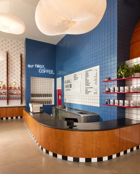 Alfred Coffee Sails Into Marina Del Rey With Nautical Design Eclectic Coffee Shop, White Baseboards, Alfred Coffee, Design Café, Cafe Shop Design, Coffee Shops Interior, 3d Interior Design, Coffee Shop Design, Bar Interior