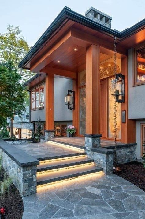 Exterior House Renovation, Front Wall Design, Exterior Renovation, Front Steps, Dream House Exterior, Staircase Design, House Entrance, New Wall, Modern House Exterior