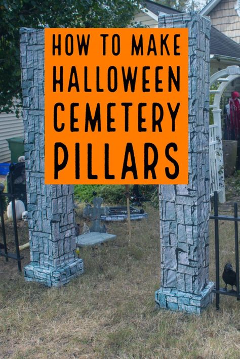 These DIY Halloween cemetery pillars make an awesome Halloween graveyard entrance. Add a Halloween cemetery fence and some spooky Halloween decorations and you'll have the best yard haunt in the neighborhood! #entertainingdiva  #diyhalloween #halloween  #halloweenoutdoordecorations Cemetery Pillars, Diy Halloween Cemetery, Graveyard Entrance, Halloween Cemetery, Apartment Halloween, Scary Halloween Decorations Outdoor, Scary Halloween Decorations Diy, Dollar Tree Halloween, Halloween Props Diy