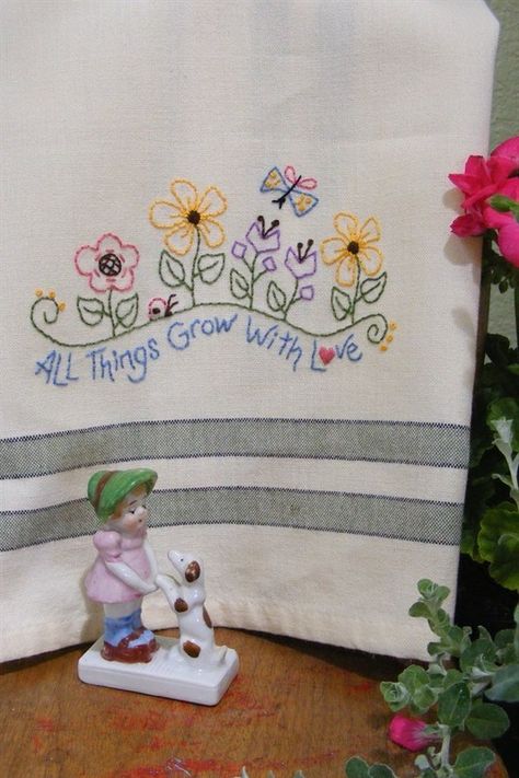 Tea Towel -All Things Grow With Love – Needle Work All Things Grow With Love, Embroidery Kitchen Towels, Bird Brain Designs, Tea Towels Embroidery, Embroidery Kitchen, Towel Embroidery, Embroidery Transfers, 자수 디자인, Embroidery Patterns Free