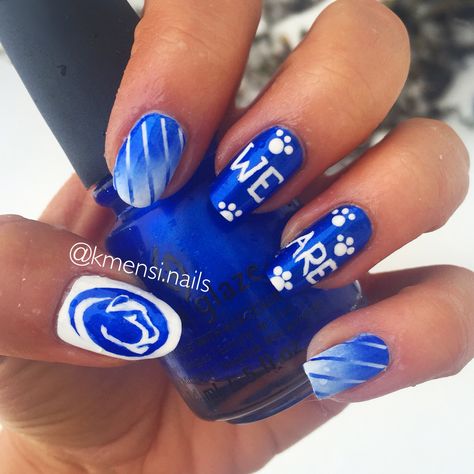 Penn state "We Are" nail art using china glaze frostbite by @kmensi.nails College Football Nails Design, Penn State Nails Designs, Penn State Nails, Penn State Crafts, Soccer Nails, Graduation Nail Designs, Tailgate Treats, College Nails, Sports Nails