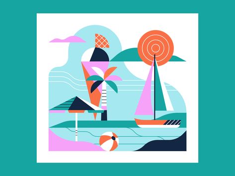 Miami Illustration, Summer Vibes Illustration, Summer Illustrations, Summer Graphics, Summer Vector, Summer Challenge, Environmental Graphic Design, Summer Illustration, Kite Surfing