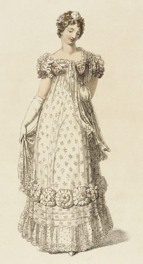 Fashion Plate (Evening Dress) | LACMA Collections 1800 Dresses, 1810s Fashion, 1820 Fashion, Empire Clothing, Bridgerton Vibes, 1820s Fashion, Regency Fashion Plates, Empire Fashion, Regency Gown