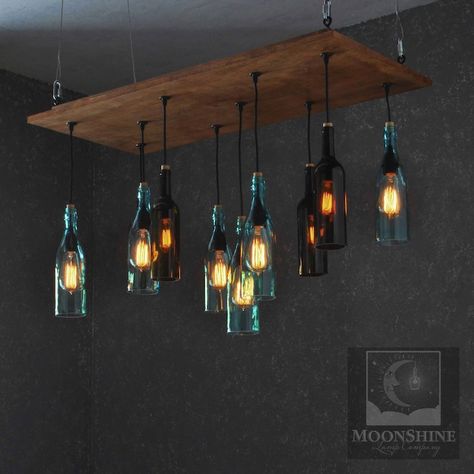 Wine Bottle Chandelier, Bottle Hanging, Clear Wine Bottle, Pulley Light, Bottle Chandelier, Fixtures Kitchen, Modern Farmhouse Lighting, Lights Ideas, Recycled Wine Bottle