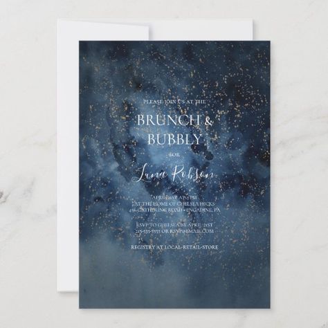 Celestial Night Sky Gold Brunch and Bubbly Shower Invitation Silver Wedding Reception, Bridal Tea Party Invitations, Night Sky Wedding, Casual Wedding Invitations, Boho Outdoor Wedding, Lingerie Shower Invitations, Vow Renewal Invitations, Gold Bachelorette Party, Navy Blue Watercolor