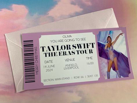 Taylor Swift Ticket Surprise, Taylor Swift Eras Tour Ticket, Concert Ticket Gift Surprise Ideas, Eras Tour Ticket, Concert Ticket Gift, Taylor Swift Tickets, Taylor Swift Merch, 13th Birthday Parties, Ticket Invitation