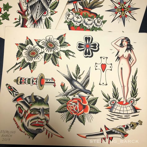 Tattoo Flash Traditional, Traditional Tattoo Reference, Traditional Heart Tattoos, Traditional Tattoo Stencils, Trad Flash, Tattoo Flash Sheets, Vintage Tattoo Art, Traditional Tattoo Flash Art, Traditional Tattoo Flowers