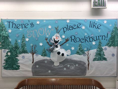 “There’s SNOW place like Rockburn!” Winter bulletin board Olaf Classroom Door, Frozen Classroom, Winter Classroom Door, Classroom Door Displays, Door Decorations Classroom Christmas, Christmas Bulletin Boards, Storytime Ideas, January Bulletin Boards, Winter Bulletin