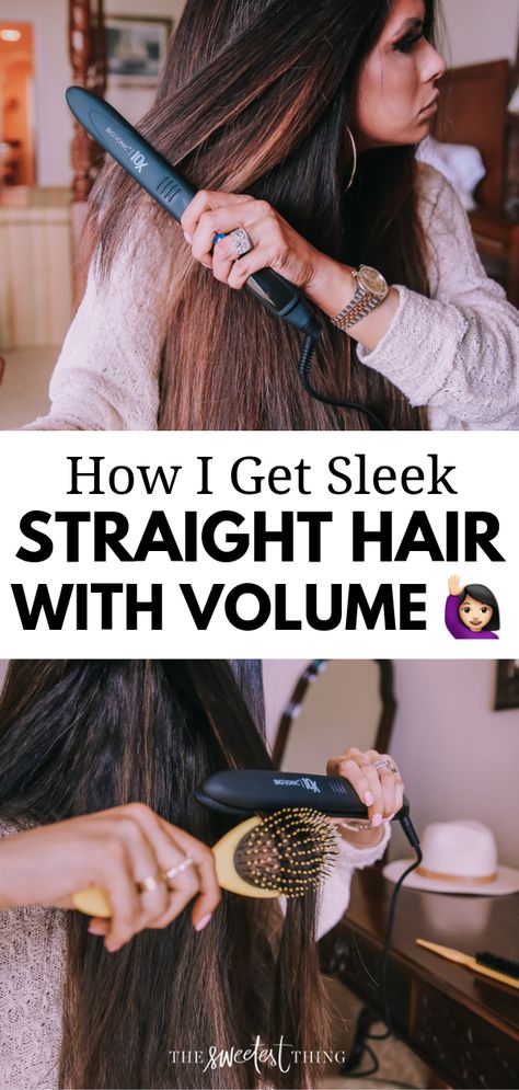 How I get Sleek Straight Hair with big volume, tutorial and products I use. Emily Gemma Hair Tutorials and haircare tips. The Sweetest Thing Blog Posts about hairstyle. #EmilyGemma #TheSweetestThingBlog #LongHair #StraightHair #Straighthairstyle #hairvolume #haircare How To Get Volume In Straight Hair, How To Have Volume In Straight Hair, Straight Hair With Volume, How To Volumize Straight Hair, How To Add Volume To Straight Hair, Voluminous Straight Hair How To Get, Styling Straight Hair, Volume Straight Hair, Straight Hair Tips