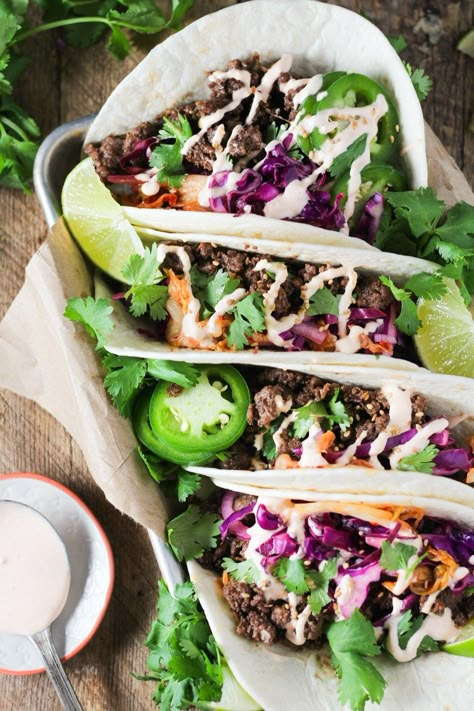 Easy Beef Tacos, Barrio Tacos, Asian Tacos, Korean Beef Tacos, Taco Recipes Ground Beef, Korean Ground Beef, Beef Tacos Recipes, Cilantro Lime Slaw, Beef Tacos