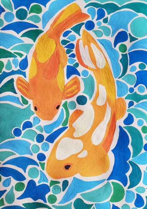 Drawing With Guash Easy, Cute Cat Painting Ideas, Patchwork Painting On Canvas, Guash Painting Ideas Easy, Summery Paintings Easy, Simple Koi Fish Painting, Guache Art Gouache Painting Easy, Gouache Ideas Easy, Painting With Gouache Easy