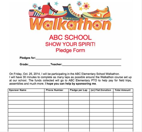 PTO Spring Activities: Use our printables for upcoming walkathon, like this Pledge Sheet. School Walkathon Ideas, Walk A Thon Themes, Walkathon Ideas, Jog A Thon Ideas, Pta Sponsorship Levels, Walkathon Fundraiser, Pta Volunteer Sign Up Sheet, Pta Event Planning Template, Walk A Thon Fundraiser