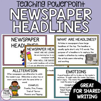 **You might also like my Features of a Newspaper Report PowerPoint - Guided Teaching**Writing Newspaper Headlines PowerPoint - Guided TeachingThis interactive, engaging PowerPoint was created to teach students how to write an effective newspaper headline.Learning intentions and success criteria are ... Reading Comprehension Posters, Newspaper Report, Formative Assessment Tools, Persuasive Writing Prompts, Persuasive Text, Narrative Writing Prompts, Writing Posters, Newspaper Headlines, Interactive Reading