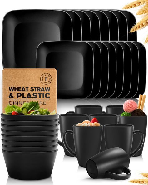 PRICES MAY VARY. COMPLETE SET: 32-piece Squircle dinnerware set Include 8 x 10.6'' dinner plates , 8 x 8.6'' salad plates, 8 x 6" Cereal bowls and 8 x 13 oz tumblers with flatware. Easy to match your existing flatware. MATERIAL: Made of wheat straw and plastic material. 100% BPA free. Sturdy , will not break or chip like porcelain or ceramic. LIGHTWEIGHT & STACKABLE: Lightweight for kids to hold easily. Designed with space-saving style and smooth Square edges, Stacking keeps your countertop with Black Kitchen Decor, Square Dinnerware Set, Kitchen Necessities, Plastic Dinnerware, Dining Room Remodel, Fringe Bangs, Wheat Straw, Cute Bedroom Decor, Snack Bowls