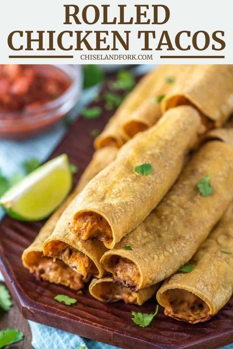 Potato And Shredded Chicken Recipes, Rolled Tacos Recipe, Rolled Chicken Tacos, Rolled Tacos, Taco Roll, Chicken Tacos Recipe, Schnitzel Recipes, Chicken Mole, Potato Tacos