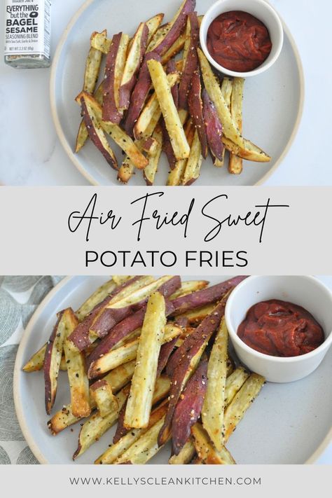 Sweet Potato Fries | Personal Chef | This is my go to air fryer recipe for Japanese sweet potato fries! Find air fryer recipes, air fryer ideas, crispy sweet potato fries, japanese sweet potatoes, and air fryer appetizers. Visit kellyscleankitchen.com to find so many easy and healthy recipes. Air Fried Sweet Potato Fries, Japanese Sweet Potato Fries, Fried Sweet Potato Fries, Air Fryer Ideas, Quick Paleo Meals, Air Fryer Appetizers, Japanese Sweet Potatoes, Fried Sweet Potato, Paleo Recipes Snacks