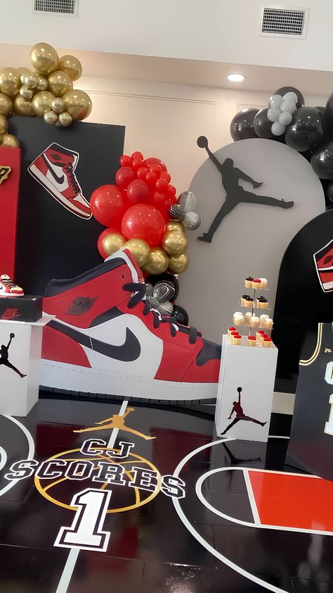 Jordan 1s Birthday Theme, Jordan Bday Party, Sneaker Theme Party Ideas Air Jordans, Jordan 1 Theme Birthday Party Ideas, Jordan 1st Birthday Party, Nike Centerpieces, Jordan 23 Birthday Party Ideas, Air Jordan Birthday Party Ideas, Jordan Themed Birthday Party