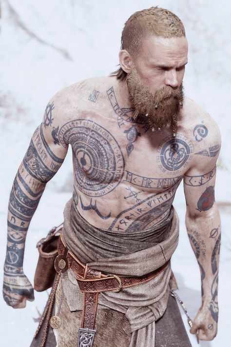 Viking Body Tattoo, Norse Tattoo Chest, Dwarvish Tattoo, Viking Ring Tattoo, Viking Stomach Tattoos, Baldr Tattoos, Viking Back Tattoo, Viking Art Tattoo, Nordic Mythology Tattoo